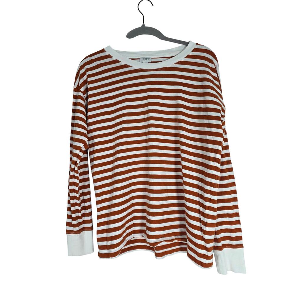 J.Crew Women's Medium Orange White Striped Long Sleeve Cotton Tee Casual Cozy